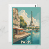 Vintag Paris: Eiffelturm & Seine Café Postkarte (Vorne/Hinten)