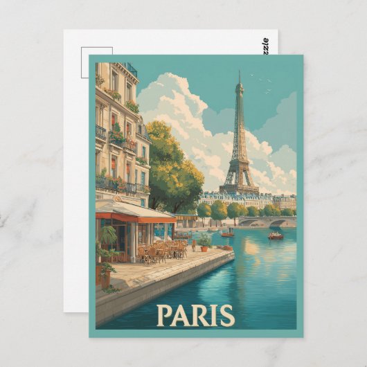 Vintag Paris: Eiffelturm & Seine Café Postkarte (Vorne/Hinten)