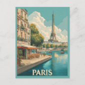 Vintag Paris: Eiffelturm & Seine Café Postkarte (Vorderseite)