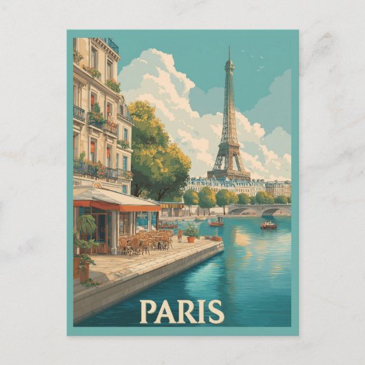 Vintag Paris: Eiffelturm & Seine Café Postkarte (Vorderseite)