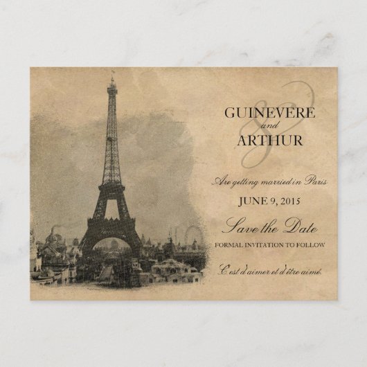 Vintag Paris Frankreich Hochzeit retten Datum Ankündigungspostkarte (Vorderseite)