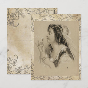 Vintag Paris Girl Dandelion Blume Postkarte