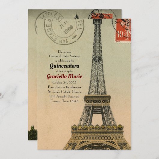 Vintag Paris Quinceanera 15 Geburtstag Einladung (Vorne/Hinten)