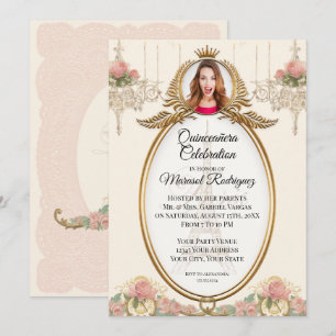 Vintag Paris Quinceañera Blush Gold und Kronier Einladung