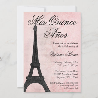 Vintag Paris Rosa Schwarzer Sweet 15 Quinceanera Einladung