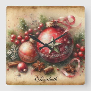 Vintag Pastel Watercolor Weihnachtsschmuck Quadratische Wanduhr