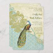 Vintag Peacock Birds Lagoon Endive Damask Hochzeit Einladung (Vorne/Hinten)