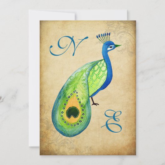 Vintag Peacock Blüh Wedding Monogram Invite Einladung (Vorderseite)