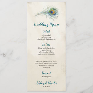 Vintag Peacock Feather Elegant Boho Aquamarine Hoc Menükarte