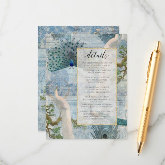 Vintag Peacock Feathers Blue White Script Details Begleitkarte (Vorderseite/Rückseite Beispiel)