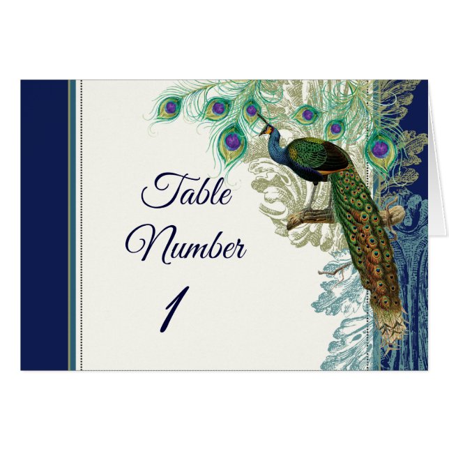 Vintag Peacock Feathers Tischnummern Navy Blue (Vorderseite (Horizontal))
