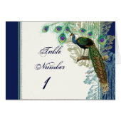 Vintag Peacock Feathers Tischnummern Navy Blue (Vorderseite (Horizontal))