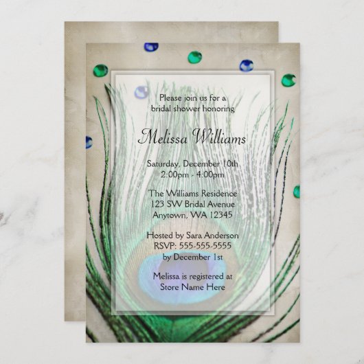 Vintag Peacock Jewels Tan Brautparty Einladung (Vorne/Hinten)