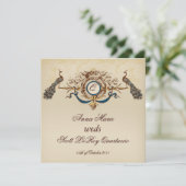 Vintag Peacock Square Wedding Einladung Linen #6 (Stehend Vorderseite)