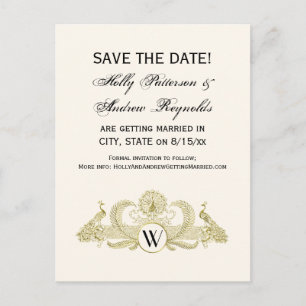 Vintag Peacocks Monogram Imitate Gold Ivory BG Ankündigungspostkarte