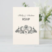 Vintag Peacocks Monogram Ivory BG RSVP Karte (Stehend Vorderseite)