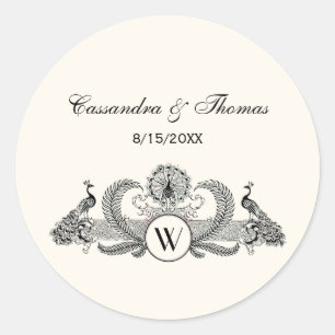 Vintag Peacocks Monogram Ivory BG Runder Aufkleber