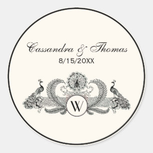 Vintag Peacocks Monogram Ivory BG Runder Aufkleber