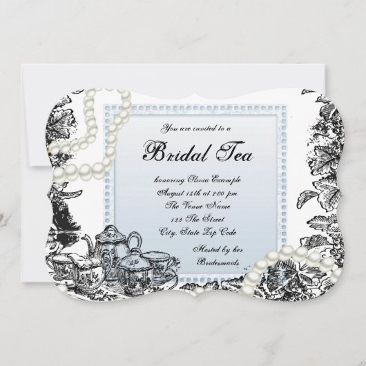 Vintag Pearls Blue Bridal Tee Einladung (Vorderseite)