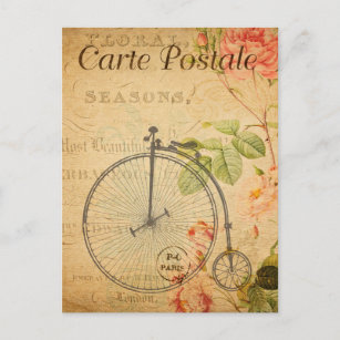 Vintag Penny Farthing Bicycle Bike Floral Französi Postkarte