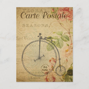 Vintag Penny Farthing Bicycle Roses Französisch Postkarte