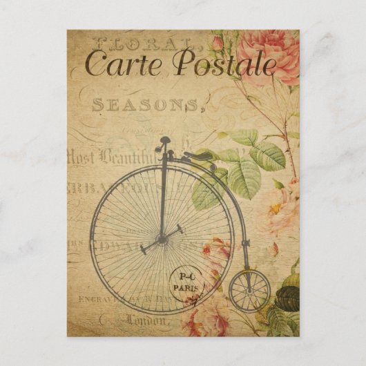 Vintag Penny Farthing Bicycle Roses Französisch Postkarte (Vorderseite)