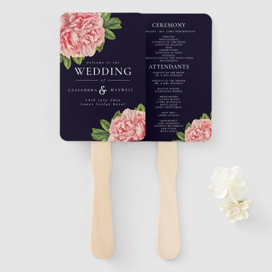 Vintag Peonies Pink & Navy Hochzeitsprogramm Fächer (Vorne und Hinten)