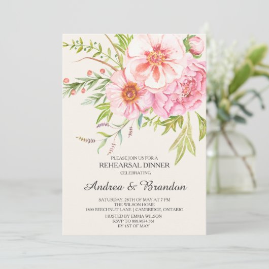 Vintag Peonies Probe Abendessen Einladung (Stehend Vorderseite)