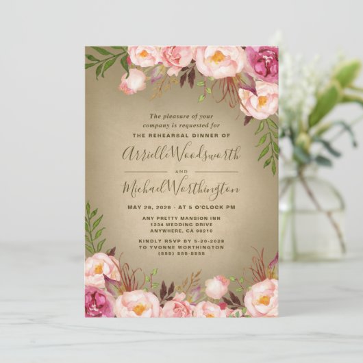 Vintag Peony Rustic Probe Dinner Einladungen (Stehend Vorderseite)