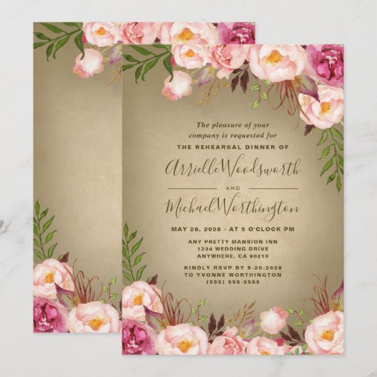 Vintag Peony Rustic Probe Dinner Einladungen (Vorne/Hinten)