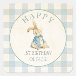 Vintag Peter The Rabbit Blue Gingham 1. Geburtstag Quadratischer Aufkleber