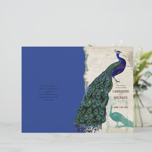 Vintag Pfau 5 - Feierliches Hochzeitsprogramm (Stehend Vorderseite)