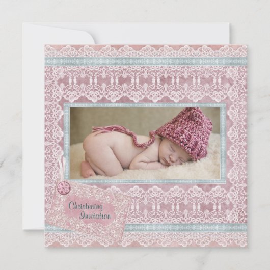 Vintag Pink Aquamarin Baby Girl Foto Christening Einladung (Vorderseite)