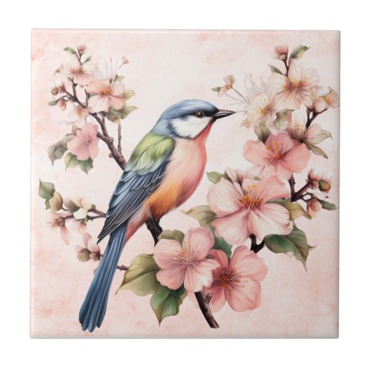 Vintag Pink Avian Blumenmotive Gartenszenen Fliese (Vorderseite)