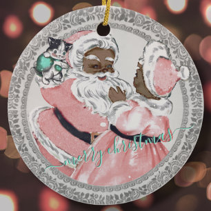 Vintag Pink Black Santa + Mrs Claus Viktorianisch Keramik Ornament