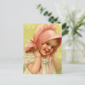 Vintag Pink Bonnet Girl Postkarte (Stehend Vorderseite)