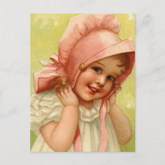Vintag Pink Bonnet Girl Postkarte (Vorderseite)