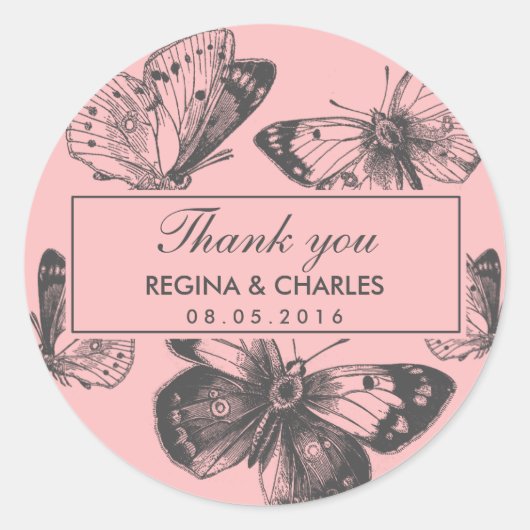 Vintag Pink Butterfly Wedding Danke Sticker (Vorderseite)