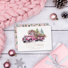 Vintag Pink Farm Truck Weihnachtsbaum Weiß Folien Feiertagskarte