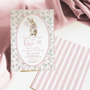 Vintag Pink Floral Bunny Rabbit 1. Geburtstagskart Einladung