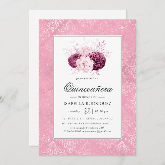 Vintag Pink Floral Quinceañera Einladung (Vorne/Hinten)
