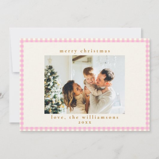 Vintag Pink Gingham Kariertes Foto Weihnachten (Vorderseite)