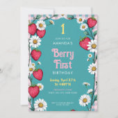 Vintag Pink Gingham & Strawberries 1. Geburtstag Einladung (Vorderseite)