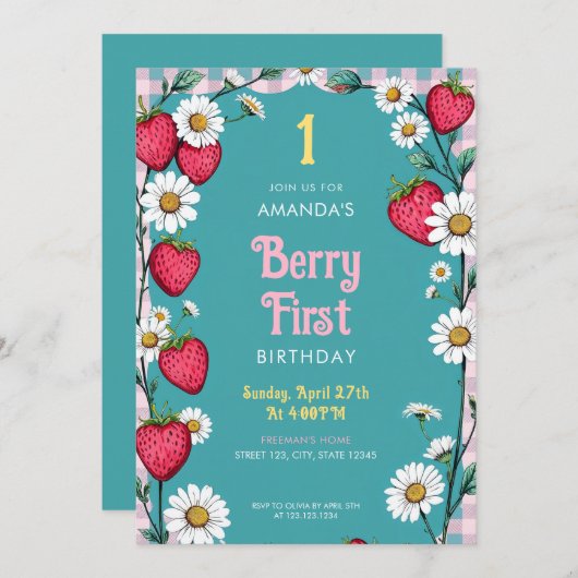 Vintag Pink Gingham & Strawberries 1. Geburtstag Einladung (Vorne/Hinten)