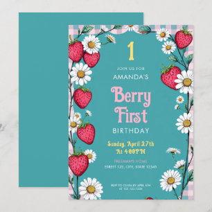 Vintag Pink Gingham & Strawberries 1. Geburtstag Einladung