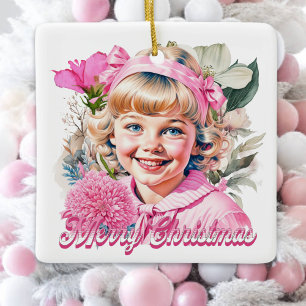 Vintag Pink Girl Floral Frohe Weihnachten Keramikornament
