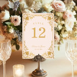 Vintag Pink Gold Antike Verzierte Hochzeit Tischnummer<br><div class="desc">Diese elegante, in Rosa und Gold gehaltene Hochzeitsfeier mit Vintager Tischnummer hat einen Vintagen goldenen Rahmen mit barocken Imitaten und goldenen Verzierungen auf einem rosa Hintergrund. Die Namen sind in einem eleganten kalligrafischen Skript geschrieben. Der gesamte Text kann personalisiert sein und hat eine goldene Farbe, die den Imitaten ähnelt, goldene...</div>