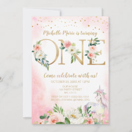 Vintag Pink Gold Floral Unicorn Erster Geburtstag Einladung