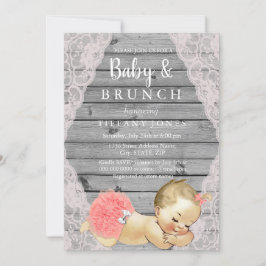 Vintag Pink Lace Rustic Grau Baby & Brunch Einladu Einladung