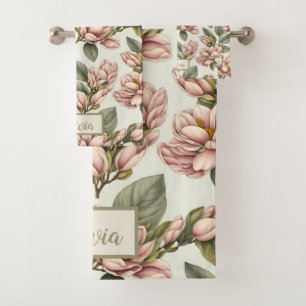 Vintag Pink Magnolia Blossom Flora Muster Badhandtuch Set